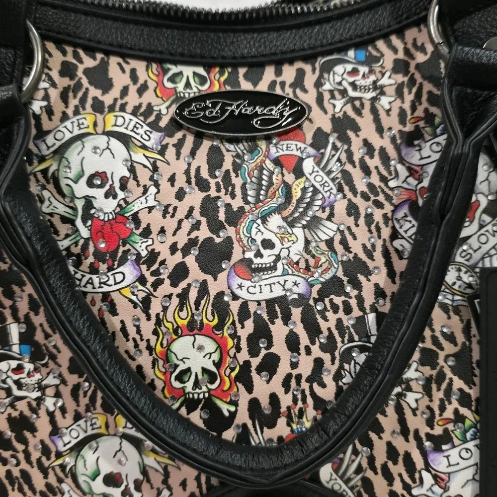 Ed Hardy Leopard Tattoo Print Satchel Handbag with Skull Hardware